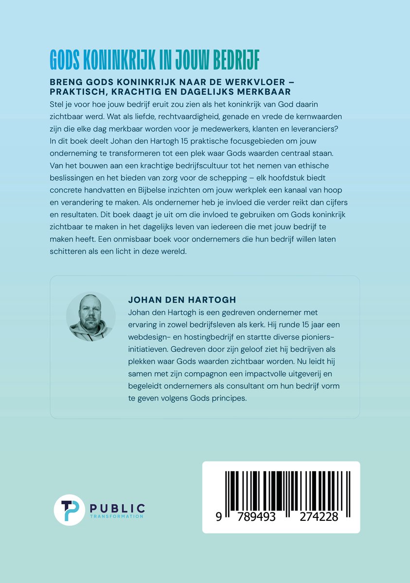 Boekomslag met tekst "Gods Koninkrijk in Jouw Bedrijf" en portret van Johan den Hartogh.