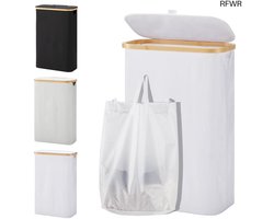 RFWR® Wasmand met Deksel - 48 Liter Smal en Opvouwbaar met Waszak - Houten en Bamboe Design