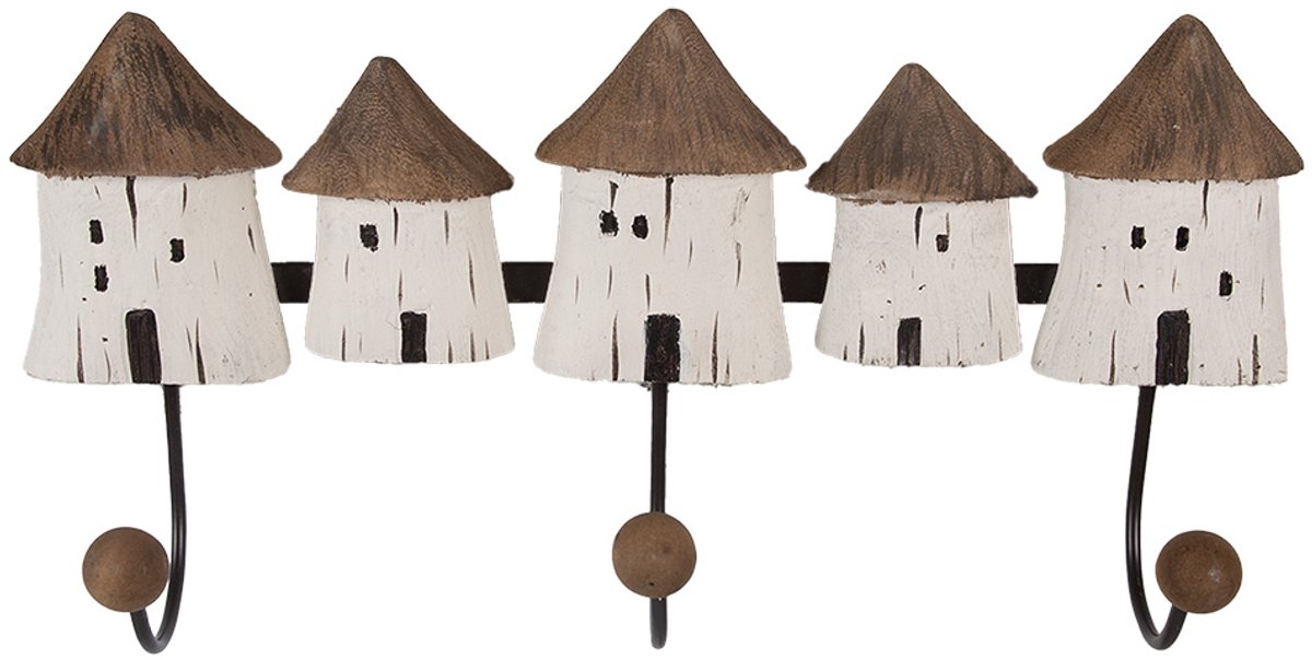 Clayre & Eef Wandkapstok 38x8x19 cm Wit Bruin Hout Huizen