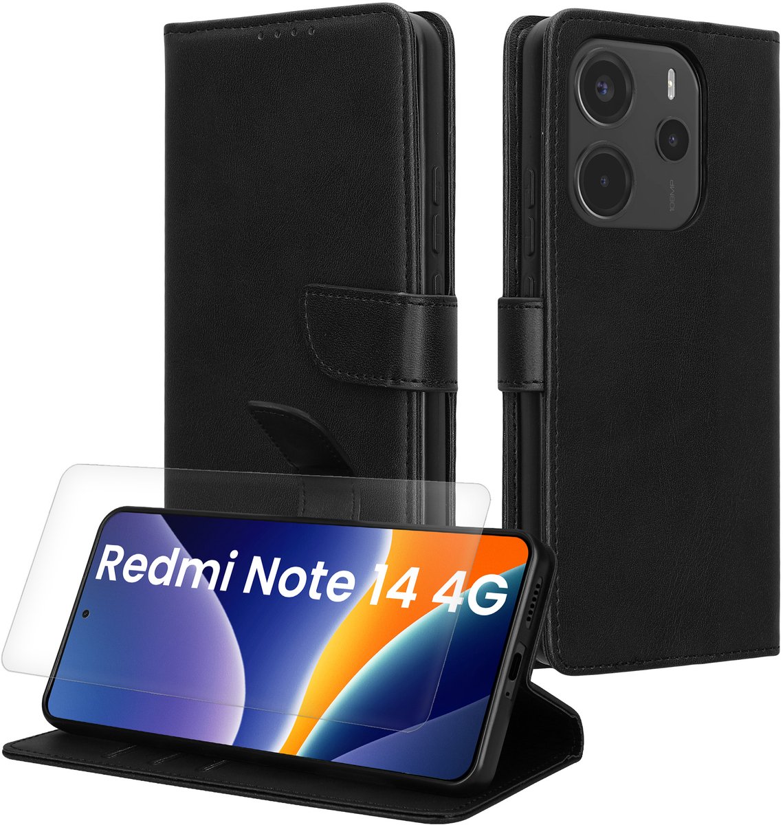 kwmobile telefoonhoesje geschikt voor Xiaomi Redmi Note 14 4G hoesje - Smartphone case met pasjeshouder - RFID-blokkering en screenprotector - In zwart