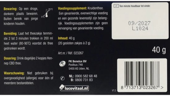 3x Lucovitaal Thee Hennep CBD 20 stuks