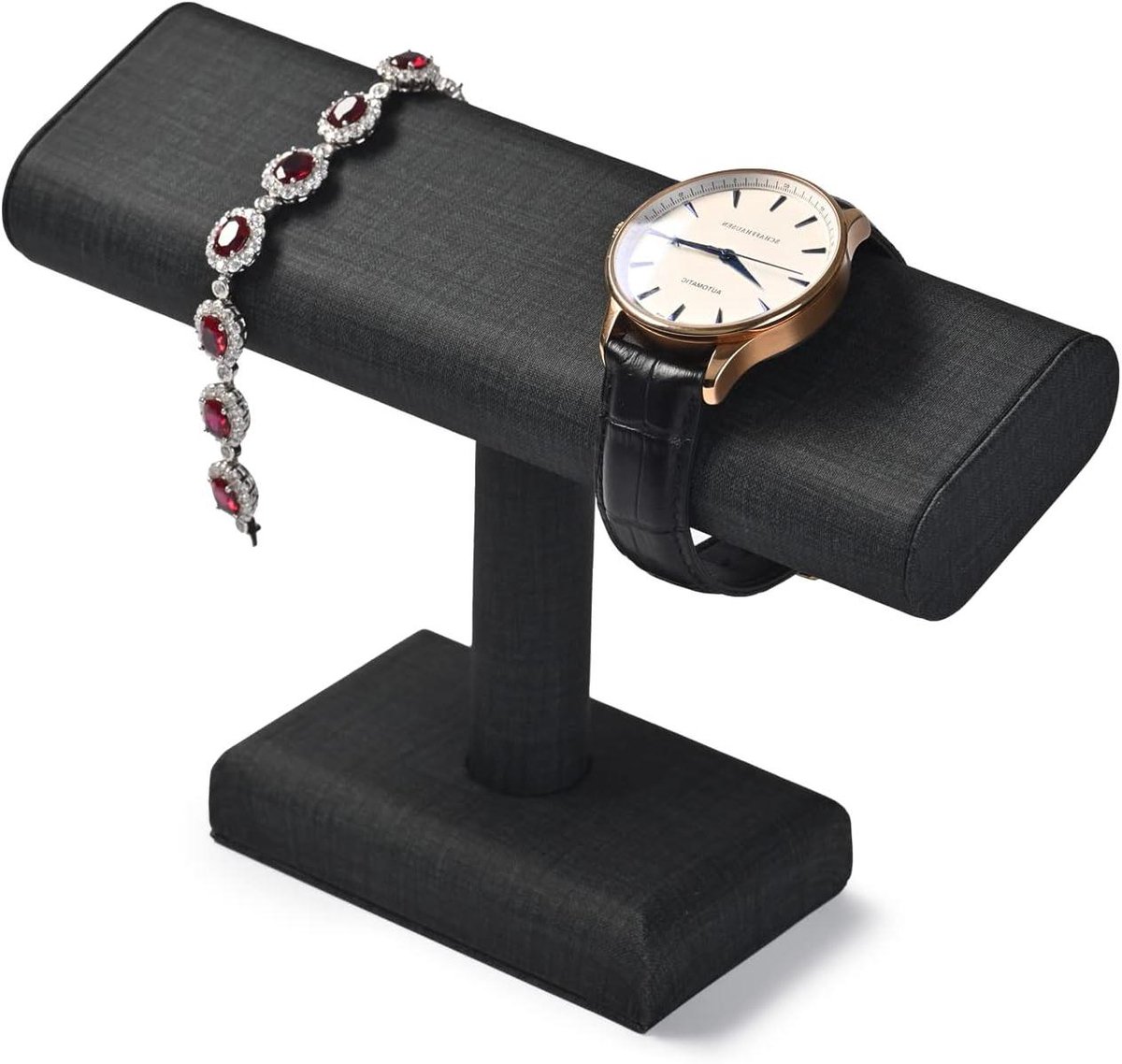 Horlogebandstandaard van PU-leer - horlogehouder organizer met T-bar - sieradenstandaard voor armbanden - zwart - opbergsysteem voor horloges