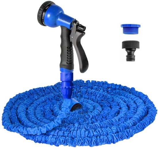 Uitbreidbare tuinslang 15 m, flexibele waterslang met 8-patroonsproeier, lekvrije, intrekbare krachtige slang met 3/4 inch, 1/2 inch aansluitingen (15 m, blauw)