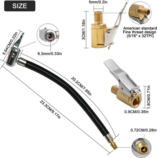 Ventielverlengset 24 cm inclusief bandenpomp slang en hefboomstekker - Voor auto, fiets, motorfiets - Luchtslang ventielverlenging met 8 mm autoventiel - Handige inflator pomp slang — afbeelding 5