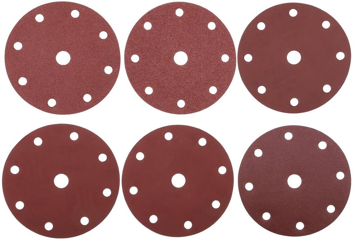 Allecto Plus - Set van 60 ronde schuurschijven 150 mm met 9 gaten en haak en lus, korrel 40/80/120/320/600/800 - Voor excentrische schuurmachines
