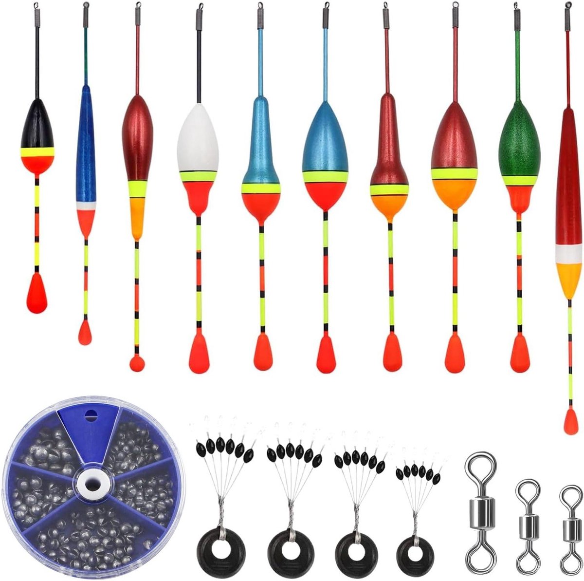 Allecto Plus - Hengelsportset met 205 Stuks Bleischroot, 10 Stuks Dobbers, 4 Stuks Gummistoppers en 3 Stuks Wirbel - Voor het Vissen op Diverse Vissoorten in Meren of Vijvers