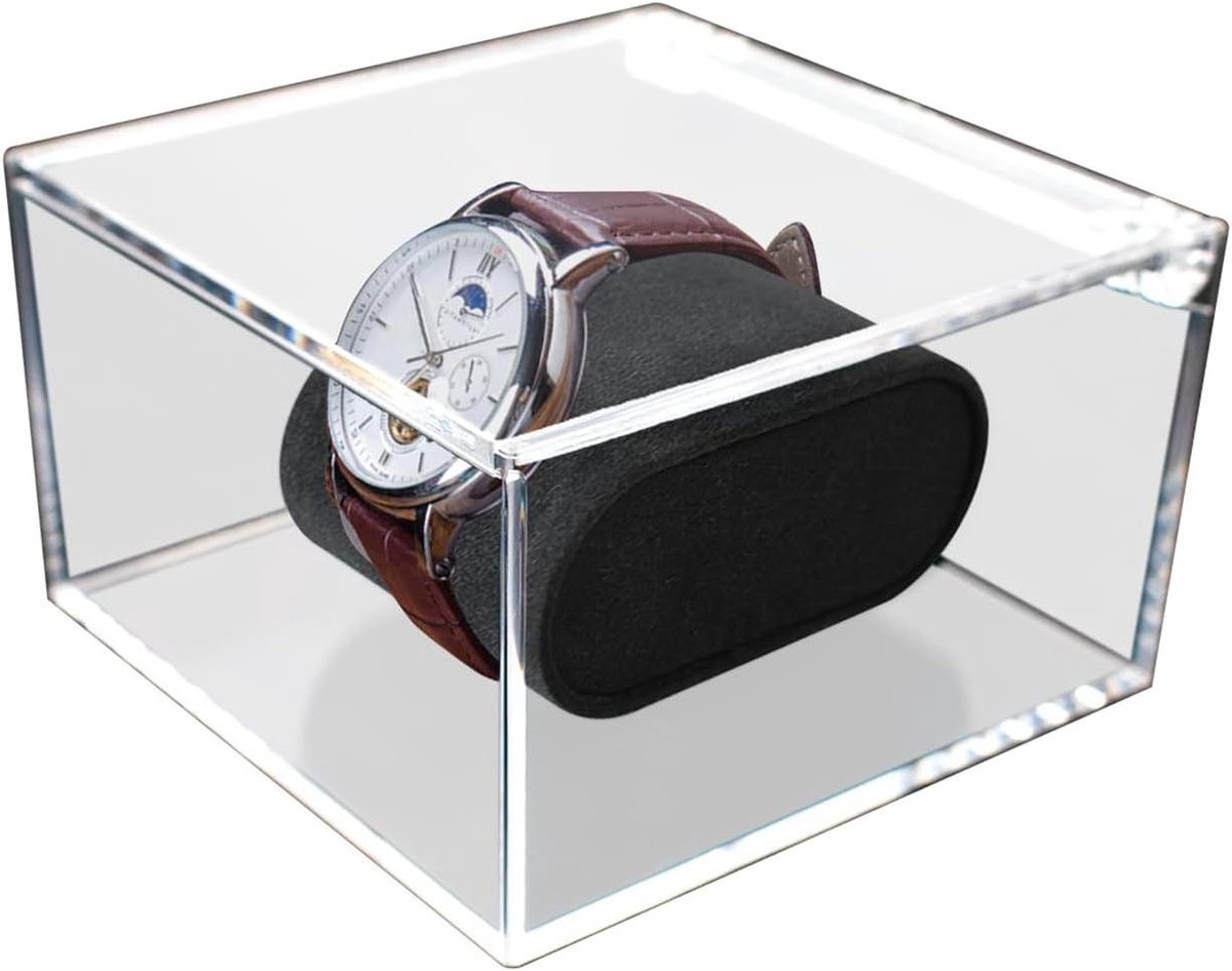 Allecto Plus - Horlogedoos met acryl kussen, vitrine en organizer - Standaard horlogedoos met deksel - Voor vriend, Vaderdag, verjaardag - 10 x 10 x 6 cm
