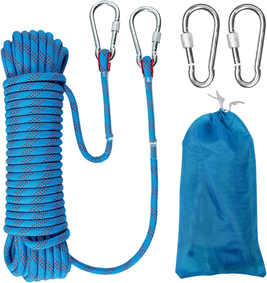 Allecto Plus - Klimtouw 10 mm Veiligheidstouw 10 m Nylon Klimtouw Statisch Klimtouw Outdoor Touw Reddingstouw met 2 Karabijnhaken voor Werk op Hoogte Brandladder Abseilen Sport Brandweer (Blauw)