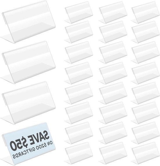 30 stuks verticale acryl etikethouders (8 x 5,2 cm) acryl tafelnaambordje prijskaartjes standaard transparant prijskaarthouder tafelstandaard detailhandel prijskaartjes voor winkelcentra, kantoor