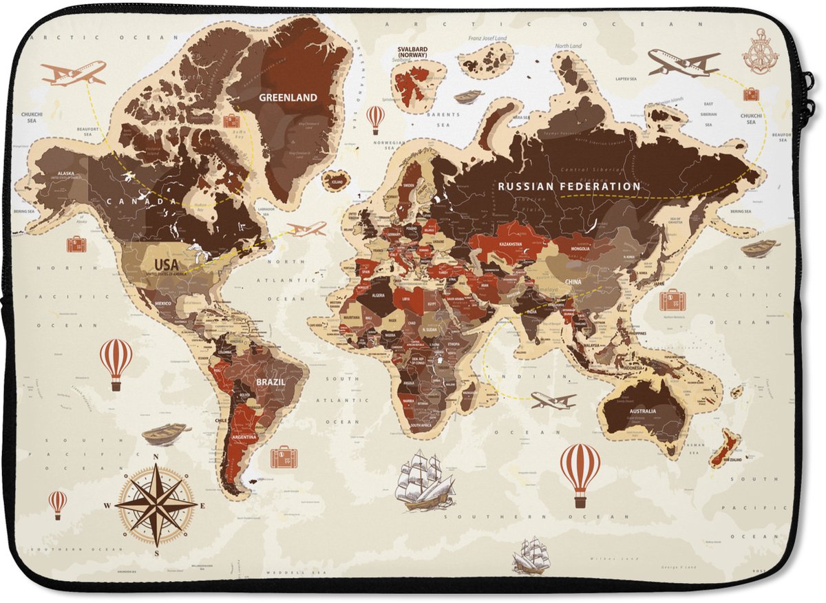 Laptophoes 14 inch - Wereldkaart - Vintage - Kompas - Laptop sleeve - Binnenmaat 33x23 cm - Zwarte achterkant