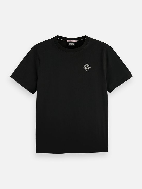 Zwarte T-shirt met een klein wit grafisch logo op de borst.