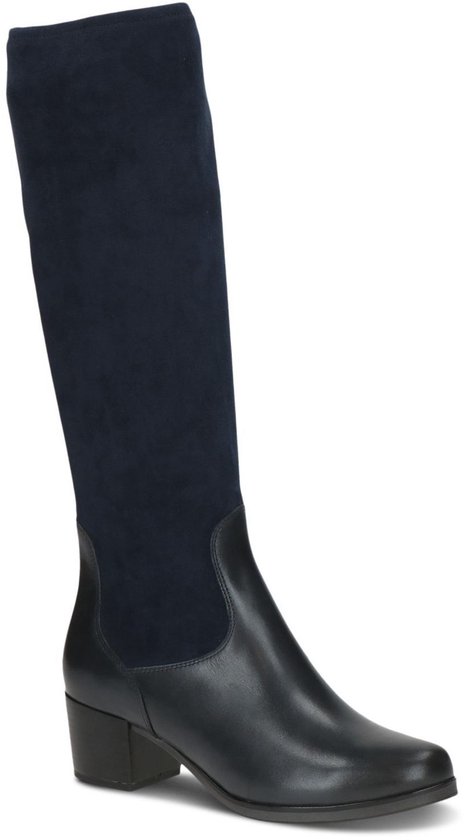 Hoge donkerblauwe laarzen met een leren voorpand en een suède schacht. Blokhak.