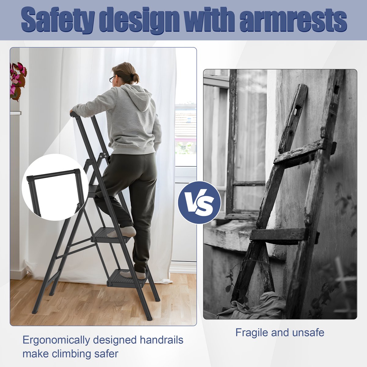 Opvouwbare trapladder, trapkruk, opvouwbare trap met breed antislip pedaal en leuning, multifunctionele huishoudtrap, trapladder tot 150 kg, zwart voor huishouden, keuken - 3 treden – foto 5