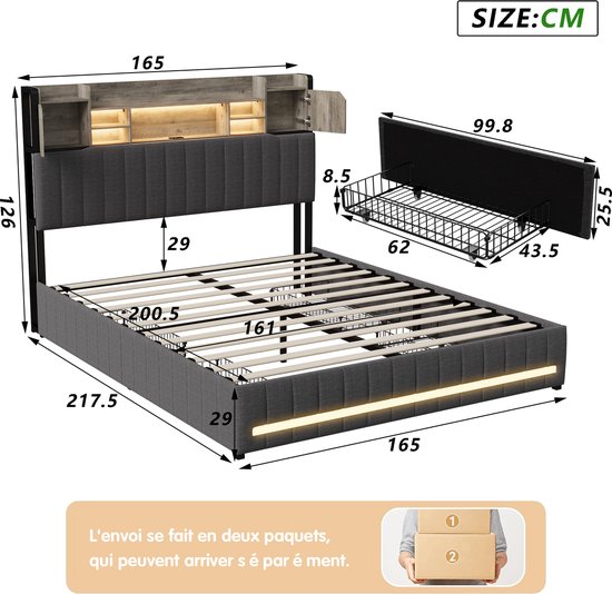Gestoffeerd Bed 160 X 200 Cm Met USB-poort  Draadloos En Draadloos Opladen Mogelijk Met Led Verlichting En Vier Opbergladen Grijs
