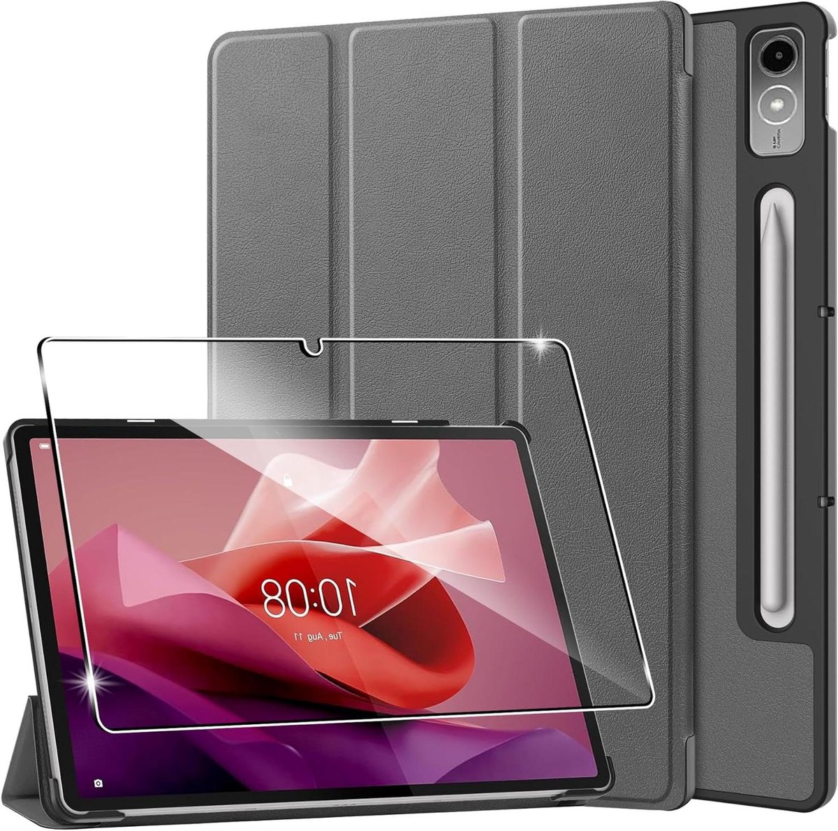 Beschermhoes en screenprotector geschikt voor Lenovo Tab P12 - Grijs - Standaard - Gehard glas