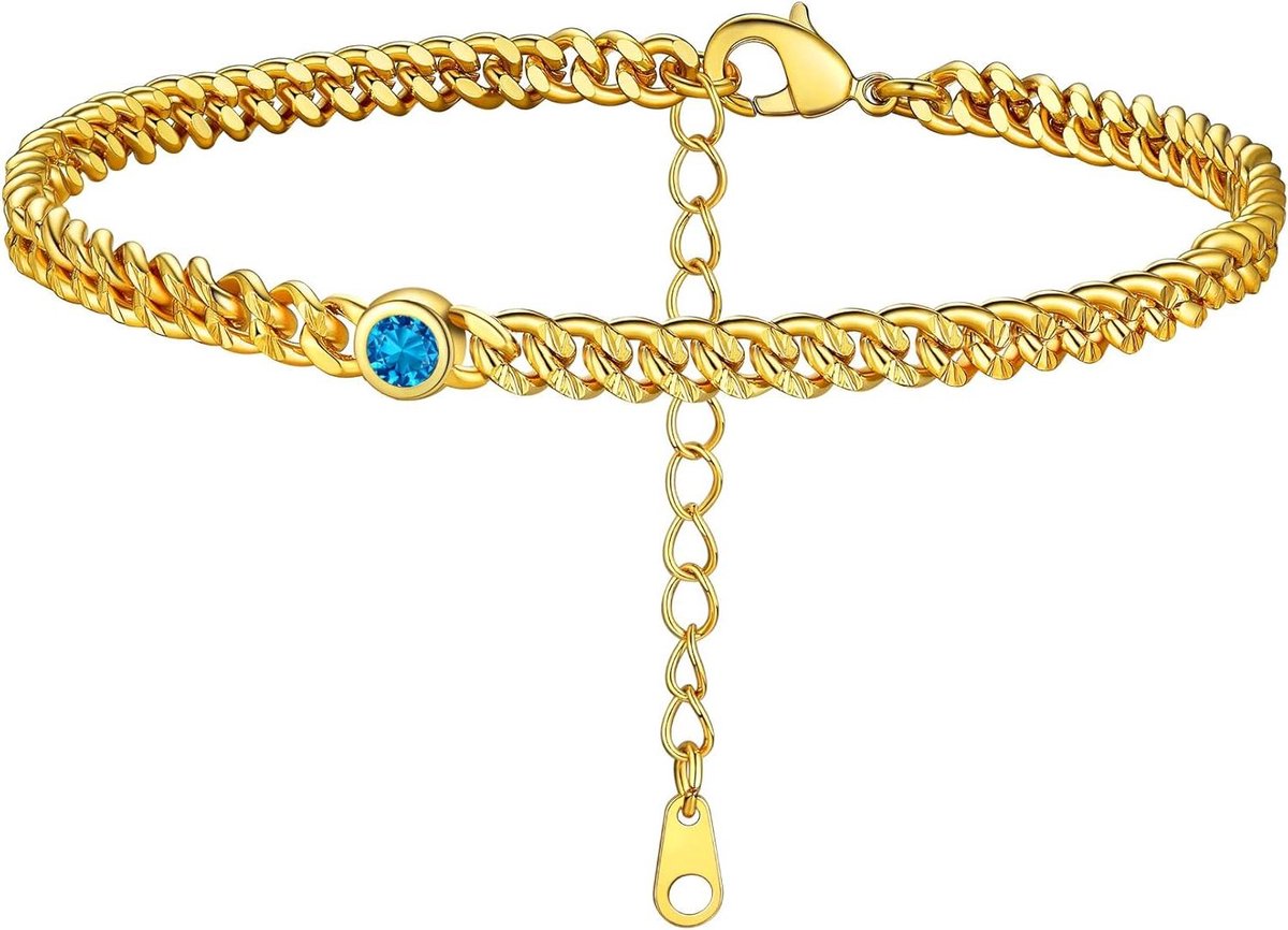Ronde Hart Enkelarmband met Geboortesteen - Gouden Enkelbandje met Sprankelend Kristal - Jubileumsieraden voor Haar - Verjaardagskettingen voor Moeder en Dochter - 8.5'' + 2'' - Synthetische Blauwe Topaas