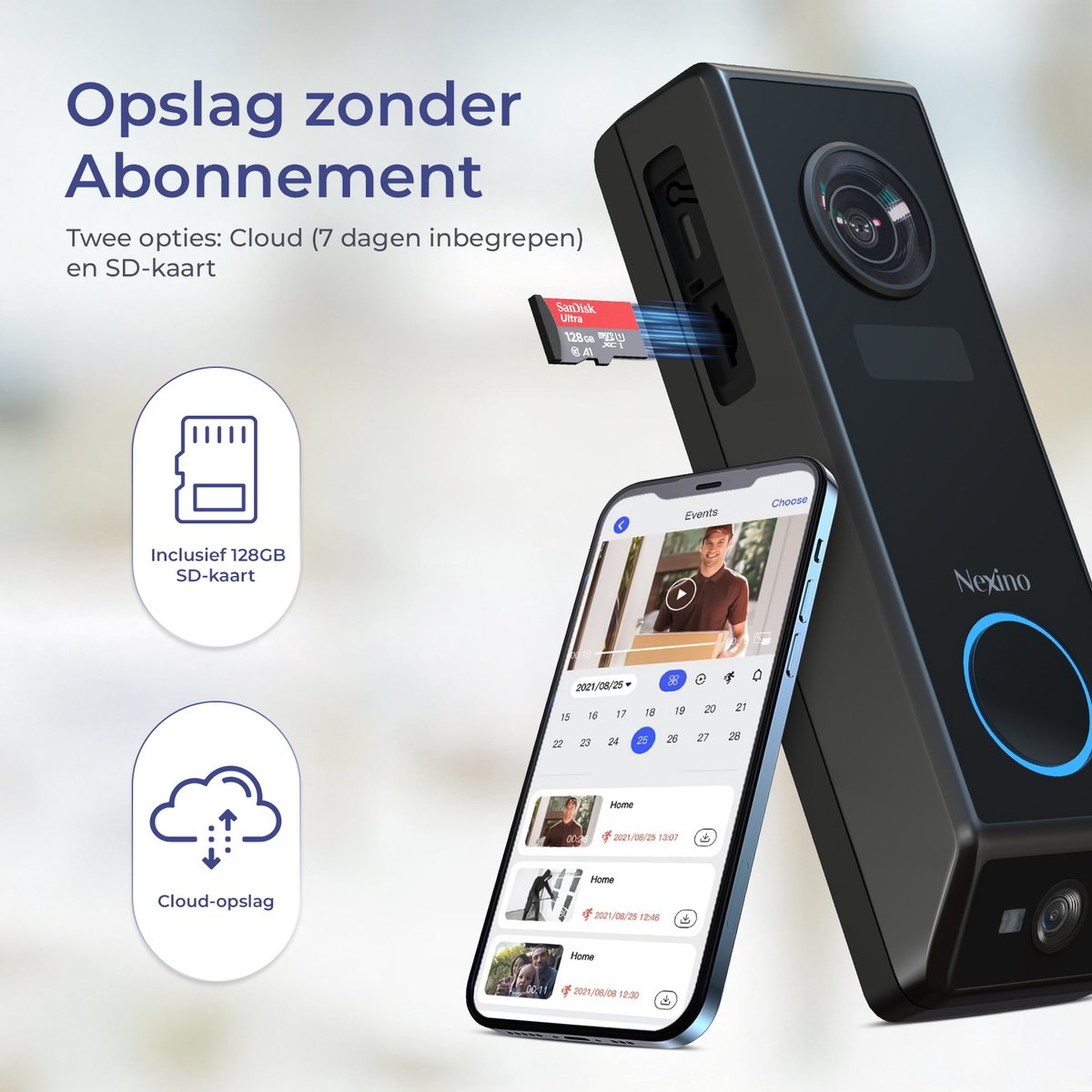 Afbeelding 3 van Nexino® Slimme Video Deurbel met Dual Camera - Deurbellen Met Camera - Geen abonnement - Draadloos en Bedraad - Deurbel Draadloos WiFi - Waterdicht - Incl. Gong & 128GB Sandisk SD - 2K Ultra HD