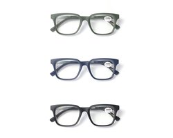 Set van 3 Premium Leesbrillen SQUARE - Sterkte +1.50 - Black Velvet/Green Olive/Blue Marine - Voor Dames & Heren - Italiaans Design - Universele pasvorm