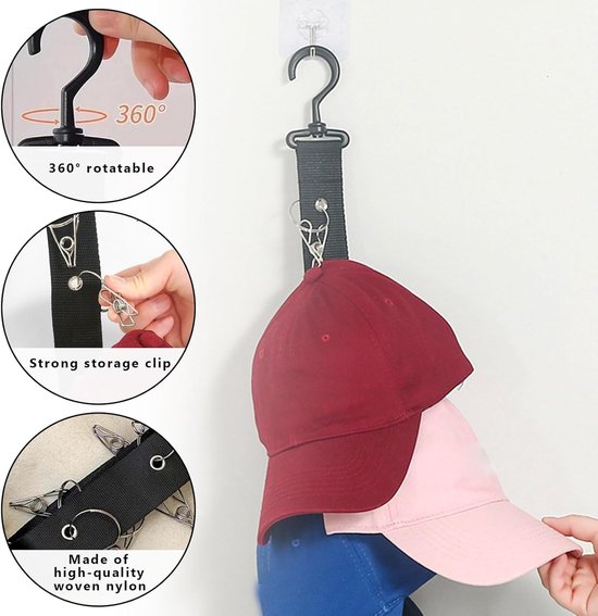 Pack van 2 cap holders - praktische wand cap holder - baseball cap holder - cap holder met 16 clips - cap organiser met 2 haken - zelfklevend - voor het opbergen van hoeden - basque cap en meer van Merkloos	 — afbeelding 5