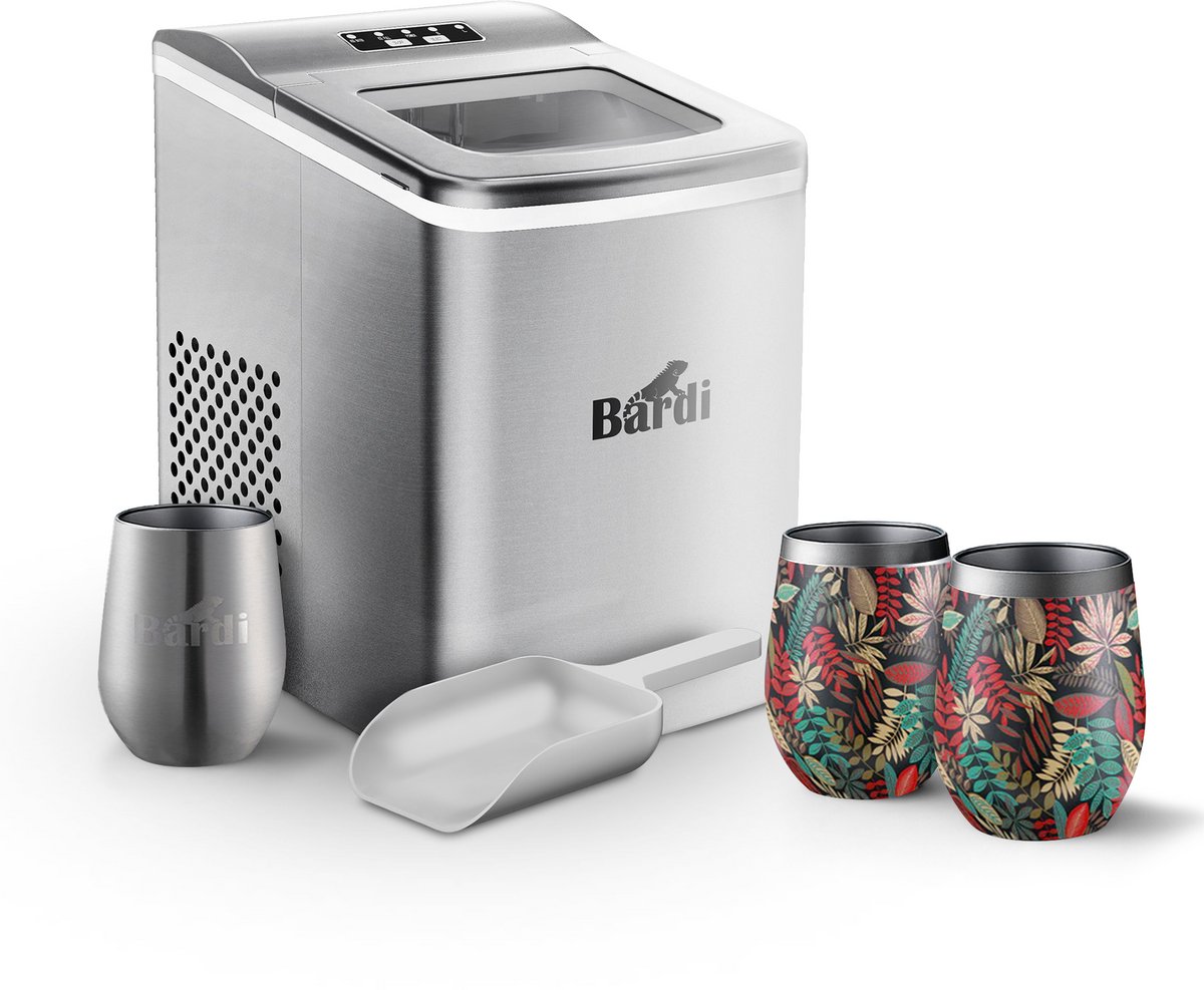 Bardi Deluxe ijsblokjesmachine set – 2L – RVS– Inclusief 3 Luxe Thermosbekers en ijsschep – Jungle