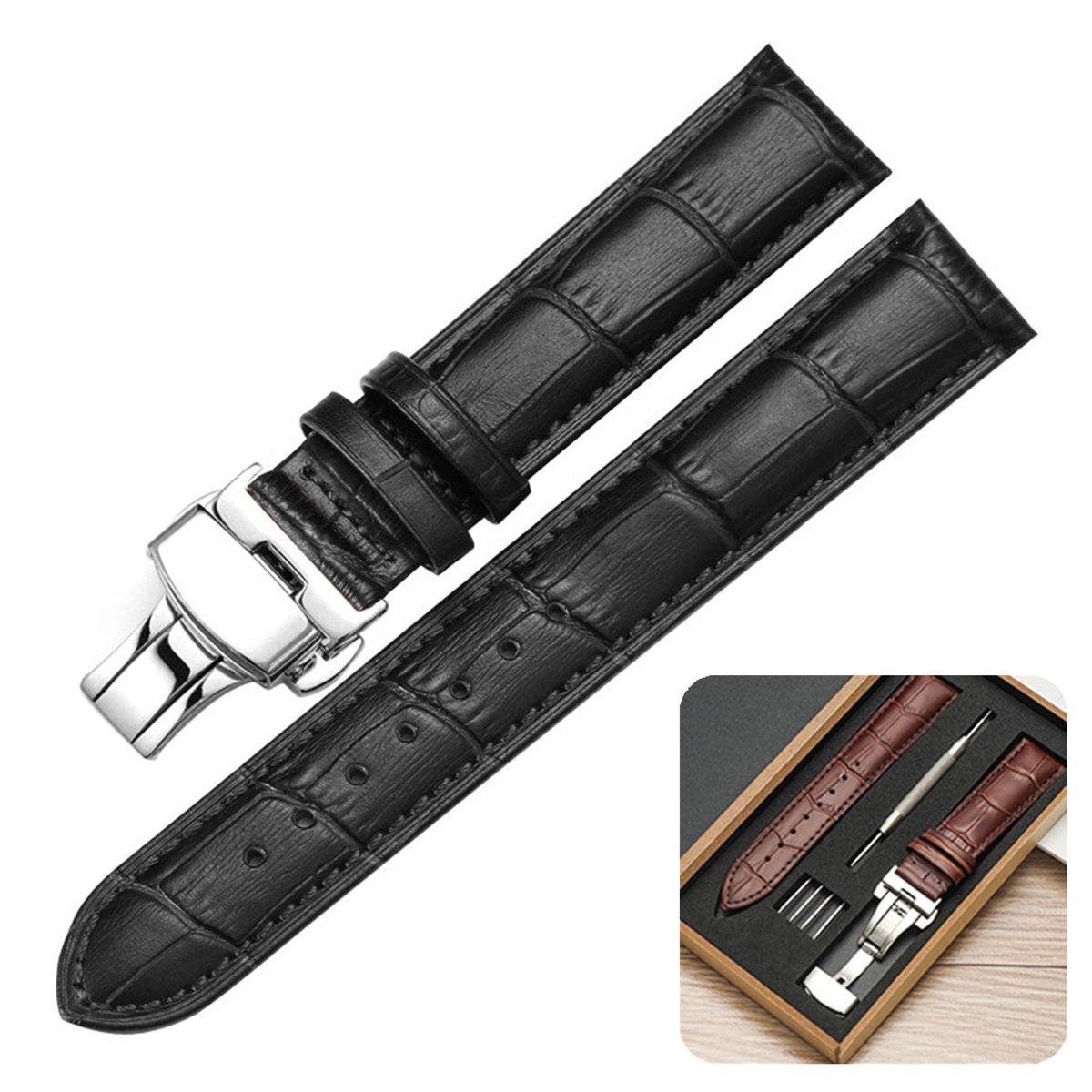 Qelus Universeel Horlogebandje Vintage - Echt Leer en Vlinder Sluiting (Makkelijk te Verwisselen) - Geschikt voor Smartwatches Horloges - Verpakt in Cadeaudoos - Zwart - 18mm
