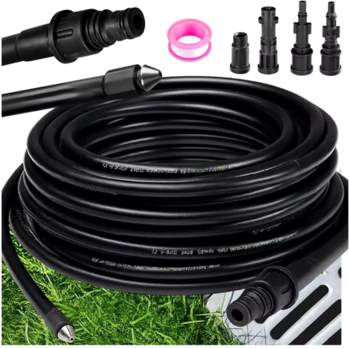 Ruhhy pijpreinigingsslang 20 m – hogedruk, 138 bar met 4 adapters