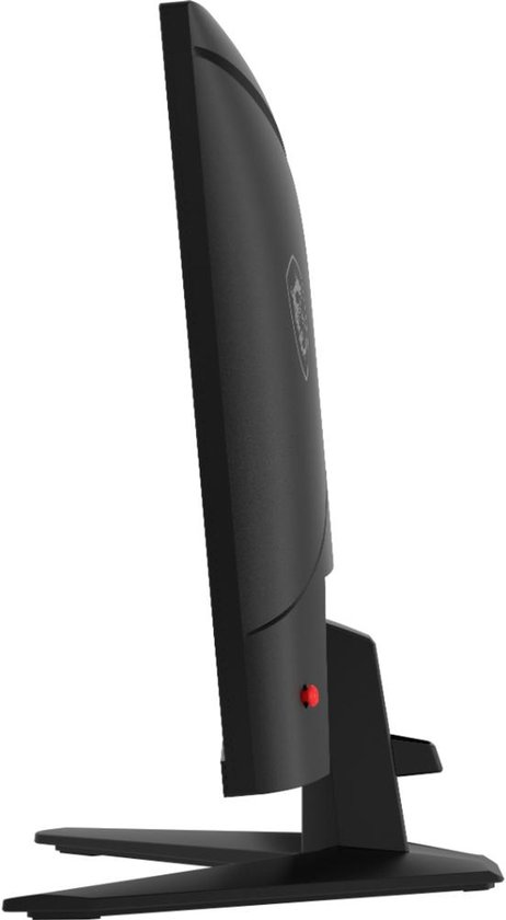 Zijaanzicht van een zwarte MSI gaming monitor met een rode aan/uit-knop.