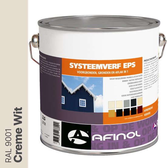 Blik Afinol systeemverf EPS in Creme Wit RAL 9001. Voorgrond, grond- en aflak in 1. Met afbeelding van huis.