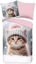 Housse de couette enfant 135x200 cm - Imprimé Chats avec chapeau - Rose/ Grijs - 1 personne