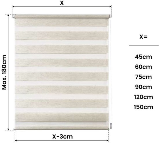 Beige duo rolgordijn met afmetingen: X= 60cm, Max. 180cm.