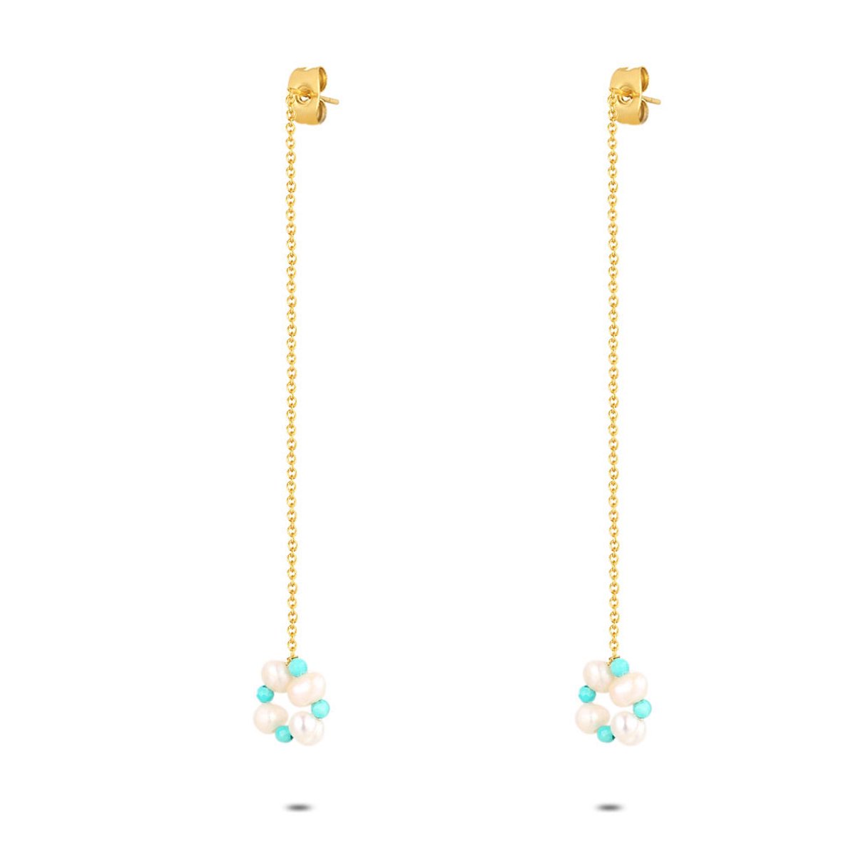 Twice As Nice Oorbellen in goudkleurig edelstaal, turquoise en parels