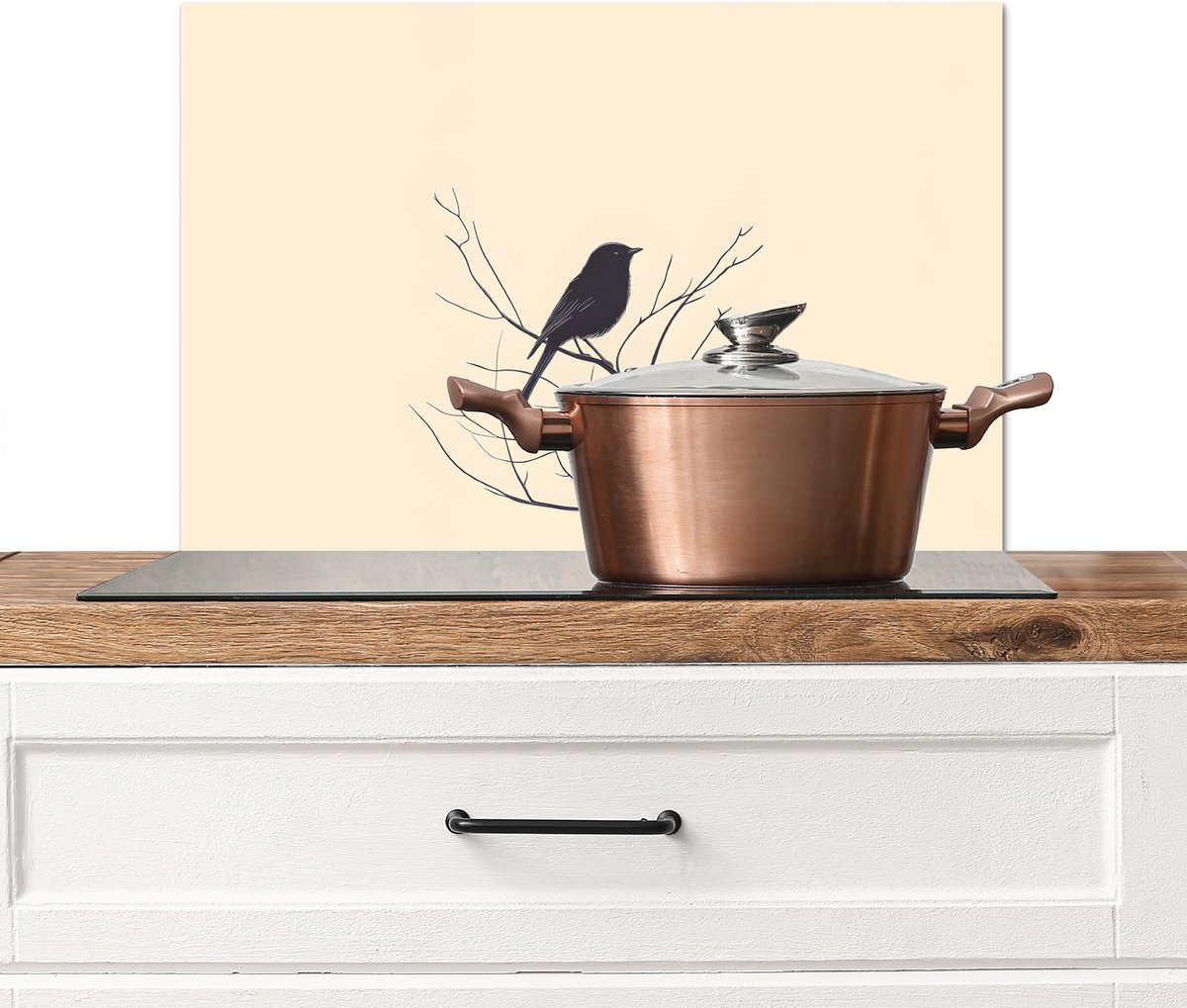 KitchenYeah Spatscherm keuken 70x50 cm Kookplaat achterwand Vogel Zwart Tak Minimalistisch Muurbeschermer Spatwand fornuis Hoogwaardig aluminium