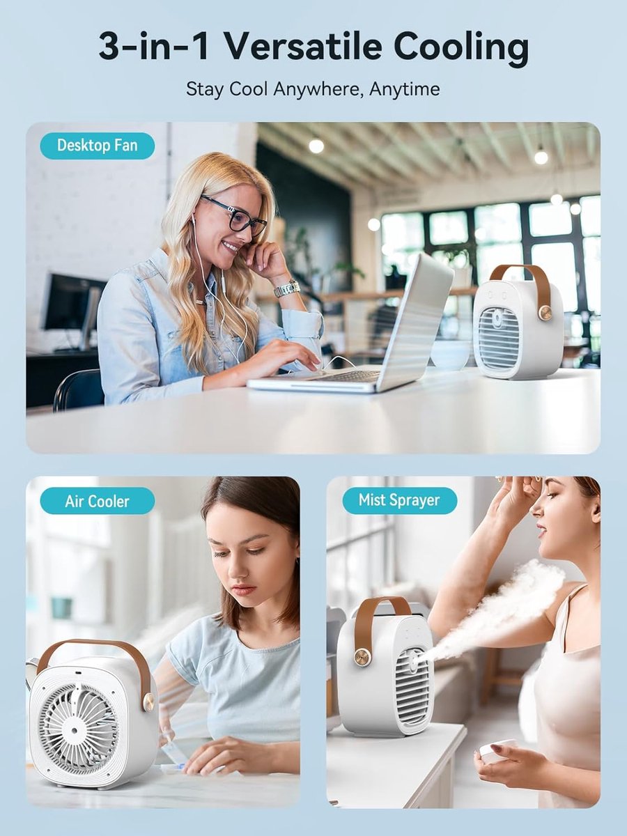 Mini airco-kleine airco-4000mAh oplaadbare persoonlijke luchtkoeler-Mini-airconditioner met 3 snelheden - mini aircooler met water-Stille desktopkoelventilator voor thuis, slaapkamer, reizen, kantoor, buiten en binnen – foto 6