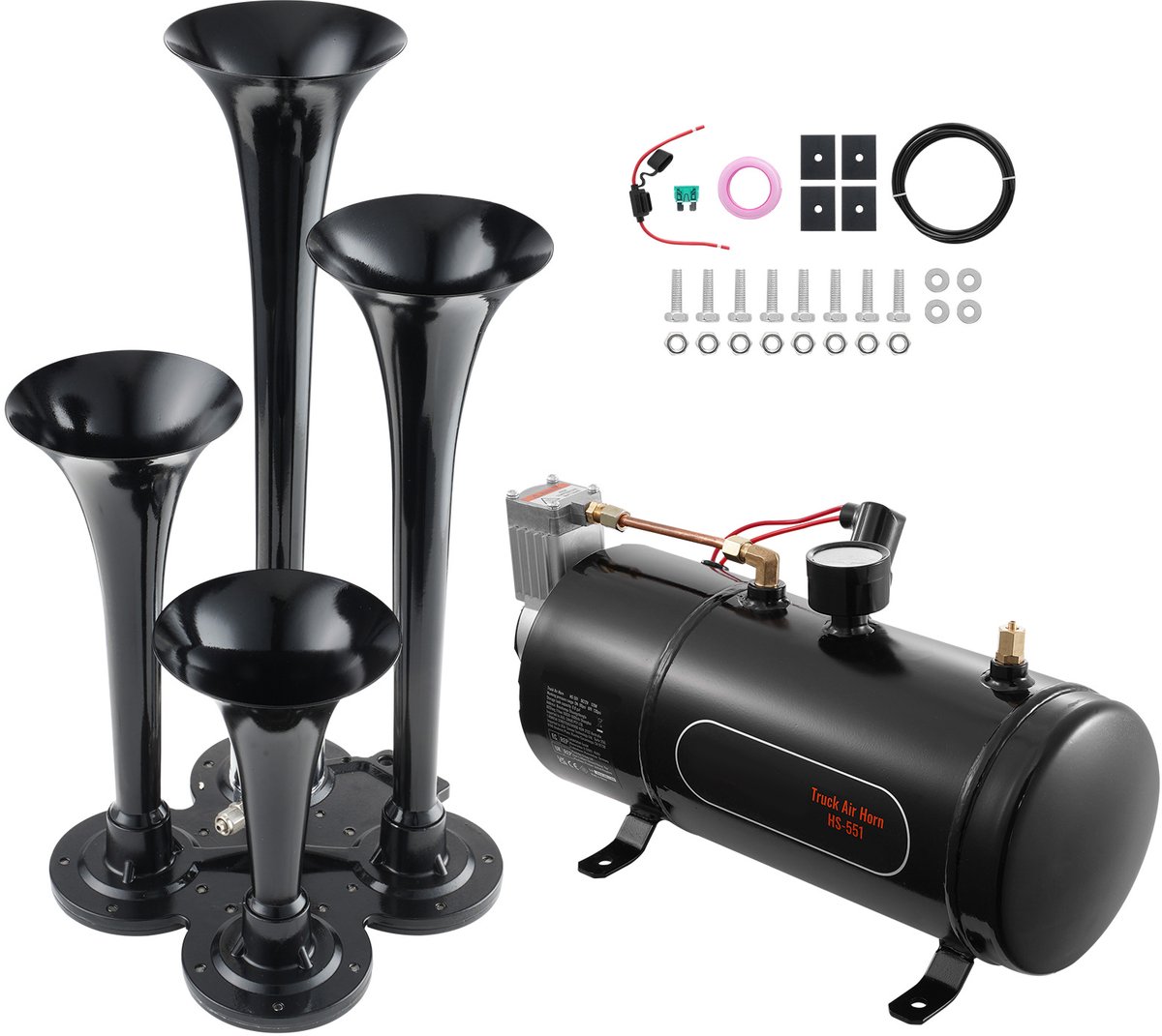 Treintoeter Set, 4 Trompet Luchthoorns, 150 DB voor Pick-Up Trucks, 12 V 120 Psi Compressor, 0,8 Gallon Tank met Manometer voor Auto'S, Vrachtwagens, Bestelwagens, Boten