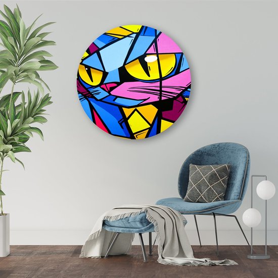 Kleurrijke kubistische kattenkunst - Kat rond schilderij - Ronde wanddecoratie dier - Kubisme - Forex muurcirkel op maat - Kunst voor landelijke interieurs - muurcirkel forex 50x50 cm