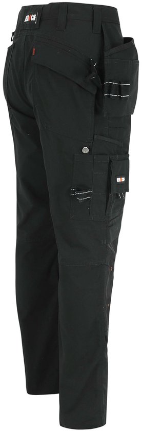 Zwarte werkbroek met diverse zakken en gereedschapslussen. Gemaakt van stevig materiaal.