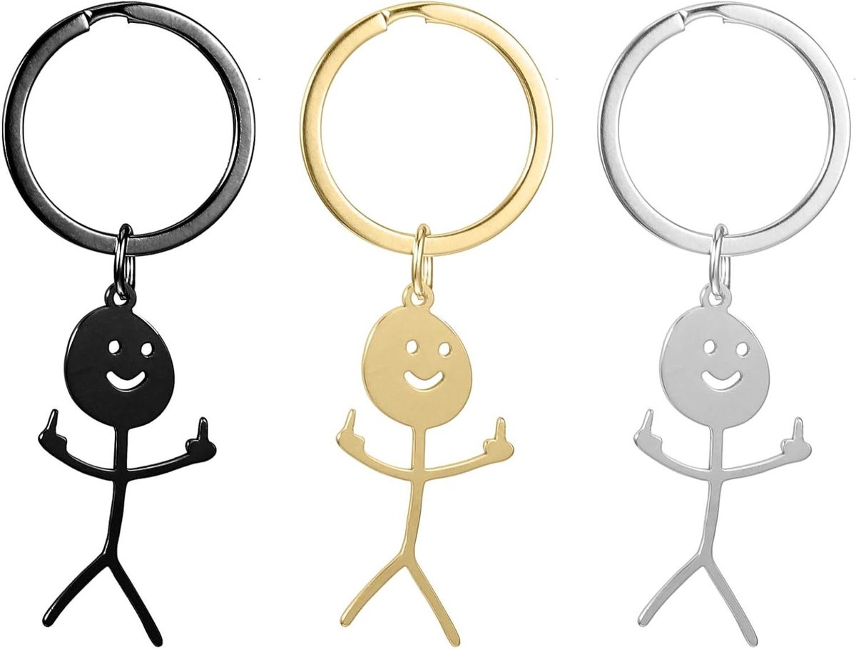 Allecto Plus - Middelvinger Sleutelhanger Set van 3 - Grappig Cadeau voor Vriend - Stickman Design - Zilver Goud Zwart - Geschenken
