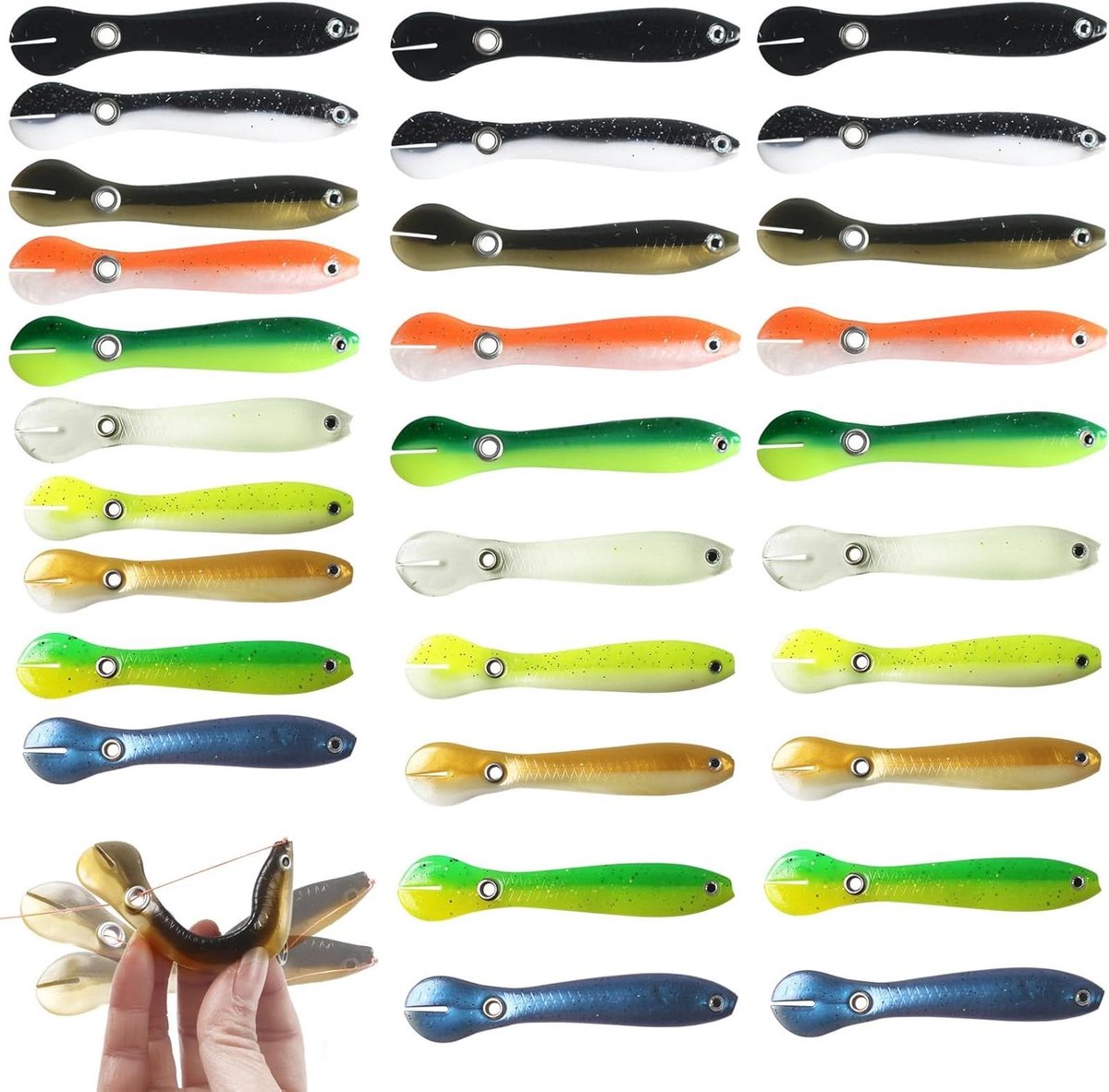 Inovra Plus - 30-delige Imitatie Modderkruiper Set - Glow-in-the-dark nep visaas - Geschikt voor zout en zoet water - Vissen accessoires met 10 cm zacht aas voor stervende modderkruiper imitatie