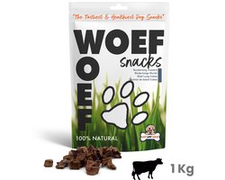 Woef Woef Snacks Hondensnacks Runderlong Trainers 1.00 KG - Trainingsnacks Hondensnoepjes - Gedroogd vlees - Rund - vanaf 3 maanden - Geen toevoegingen