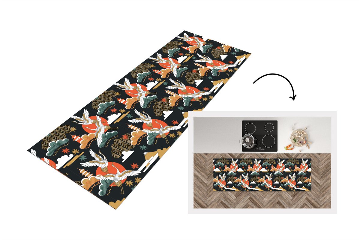 KitchenYeah Keukenloper 180x60 cm - Keukenmat vinyl Kraanvogel - Wolken - Japan - Patroon - Keukenmatten loper - Keuken vloerkleed tapijt