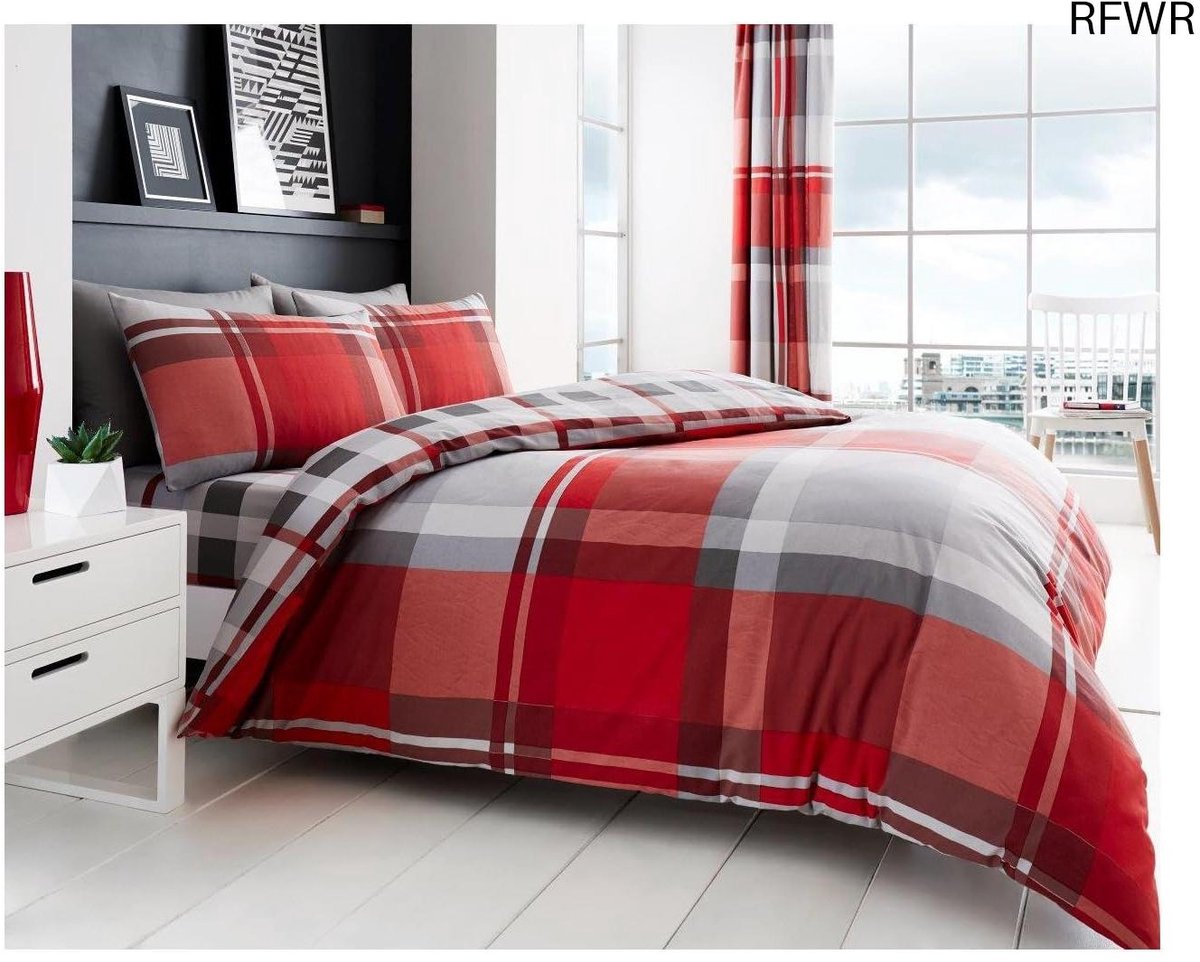 RFWR Luxe Bed Set met Dekbedovertrek en Kussenslopen - Ruitpatroon, Dubbel, Rood