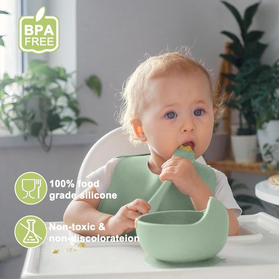 TTLUOKER 8-Delig Baby Servies Set (Siliconen) - Met Zuignapbord & Anti-Lek Beker - Vaatwasser- & Ovenbestendig - BPA-Vrij - Lichtgroen van Merkloos — afbeelding 4