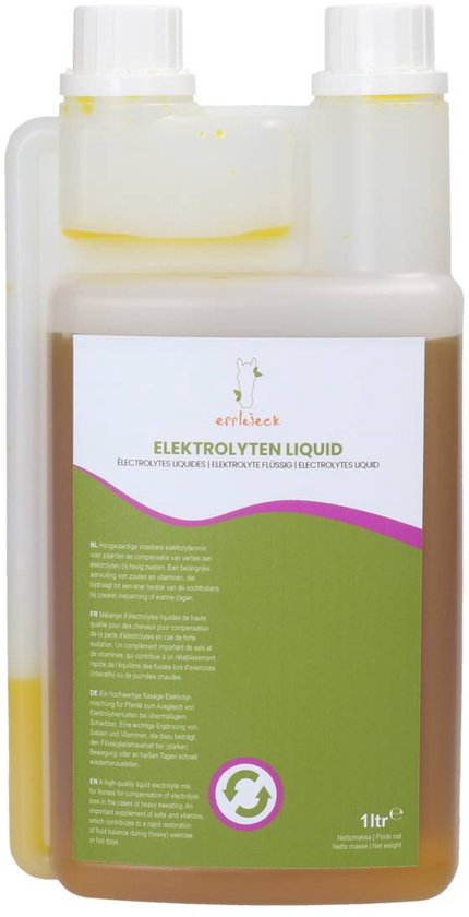 Epplejeck Elektrolyten Liquid, 1 liter. Gele vloeistof in een kunststof fles met witte dop.