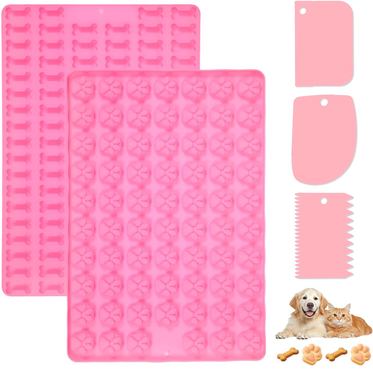 2-pack bakmat voor hondenkoekjes, bakvorm voor hondenbotten, antiaanbak bakmat voor hondenkoekjes met 3 deegspatels, 11,8 x 7,87 inch voor zelfgemaakte hondensnoepjes, chocolade, koekjes, ijsblokjes, snoep BPA-vrij