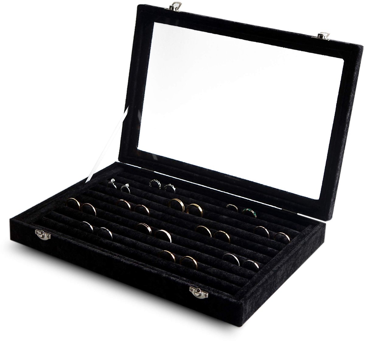 Frebeauty Ringen/Oorbellen Opberglade met Doorzichtige Deksel, 10 Slots, Fluwelen Lade, Sieraden Opbergdoos met Glazen Deksel, Sieraden Display Case, Cadeau voor Vrouwen (Zwart, 10 Slots)