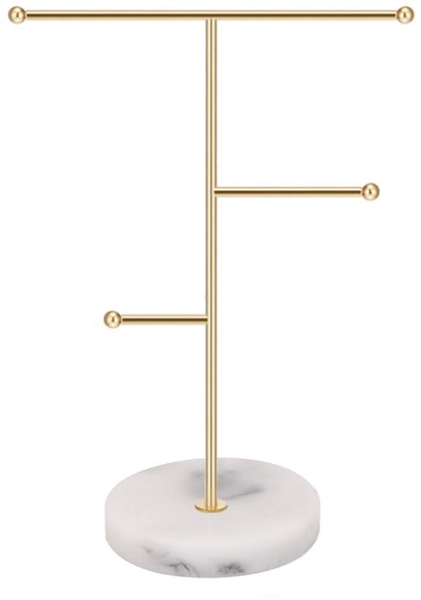 Sieradenorganizer, metalen T-vormige kettingstandaard, oorbellenhouder voor thuis, hangplank met marmerpatroon, ronde schaal voor armbanden, ringen en horloges