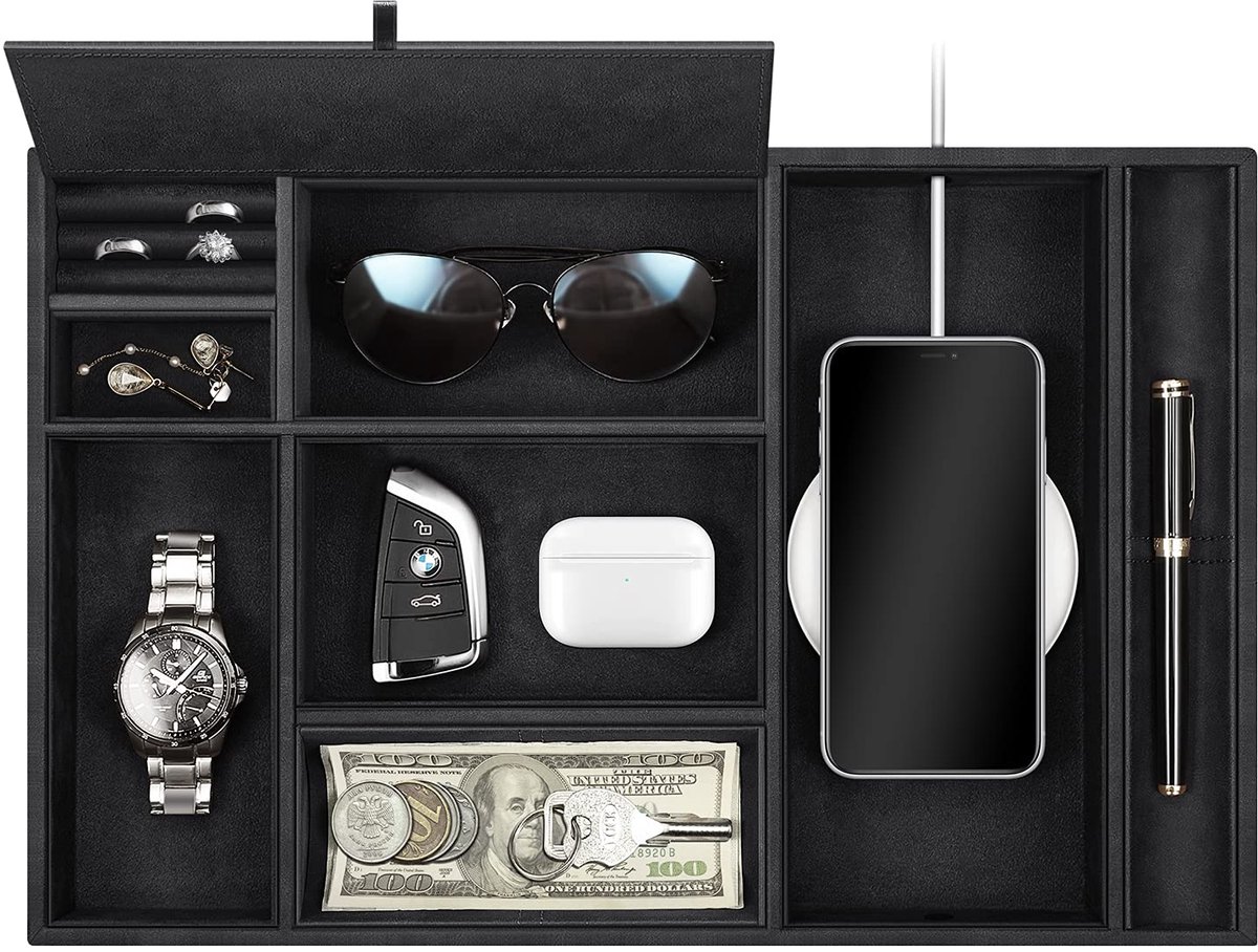 SITHON Pocket lege tafelorganizer, 8-vaks lade organizer, opbergdoos, nachtkastje van imitatieleer, cosmetica-lade, nachtkastje, muntvakje, sleutel, sieradenorganizer (zwart)