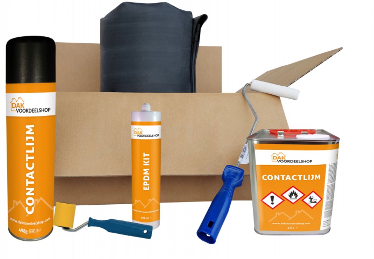 Dakvoordeelshop EPDM Dakpakket compleet 1,14mm dik - 3.96 meter breed - 4 meter lang - incl. EPDM kit, contactlijm, verfrol 10 cm, verfrolbeugel en aandrukroller