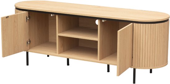 Open ovaal, lichtbruin houten tv-meubel met 2 deuren, 2 open vakken, 2 planken en zwarte pootjes.