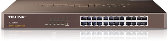 Bruine TP-Link TL-SG1024 24-poorts Gigabit Switch met 24 ethernetpoorten en statuslampjes.